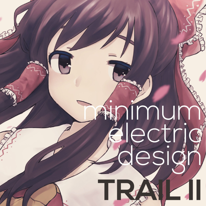 1girl, :d, album_cover, album_name, ascot, bad_source, bow, brown_hair