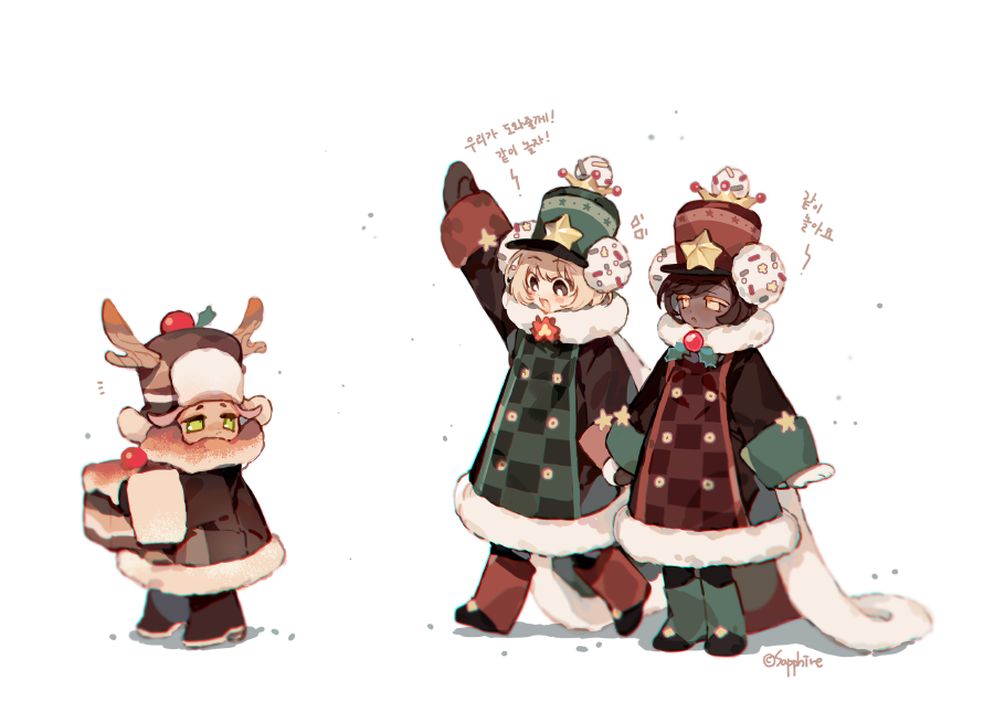 1boy, 2others, antlers, arm_up, black_gloves, boots, brown_coat, brown_footwear