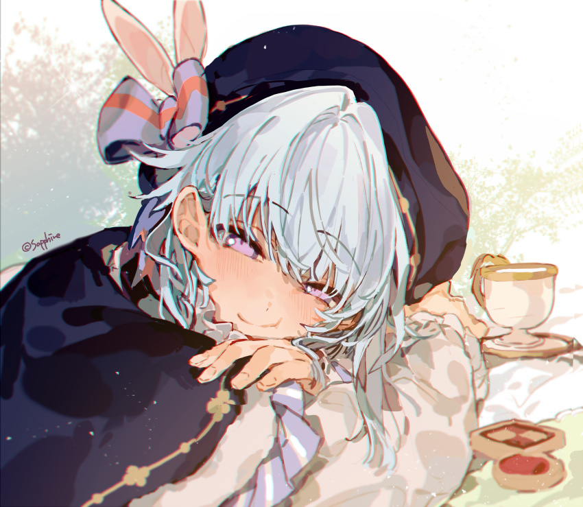 1boy, blue_bow, blue_cape, blue_hat, blush, bow, cape, checkerboard_cookie