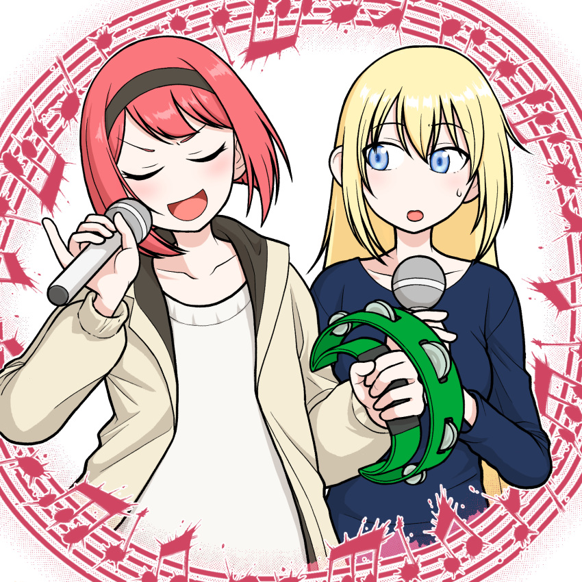 2girls, alternate_costume, ark_royal_(kancolle), bismarck_(kancolle), blonde_hair, blue_eyes, blue_shirt, blunt_bangs
