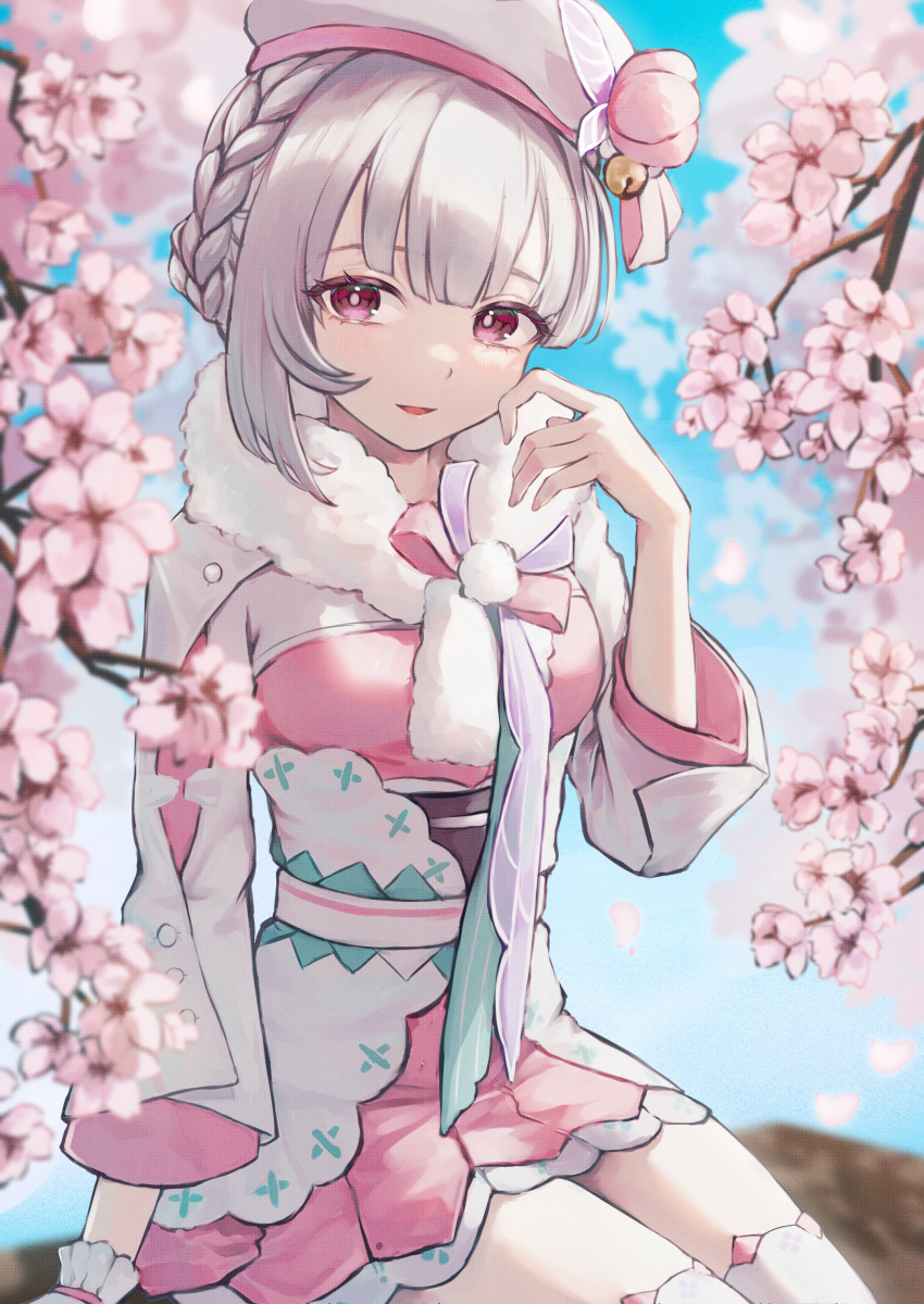 1girl, absurdres, bell, braid, cherry_blossoms, dress, french_braid, fur_collar, grey_beret, grey_hair, hat_bell, highres, jingle_bell, layered_dress, liv_(punishing:_gray_raven), looking_at_viewer, parted_lips, pink_dress, pink_eyes, pink_skirt, pink_trim, punishing:_gray_raven, single_sidelock, skirt, solo, taka_matu, two-tone_dress, white_dress, white_fur