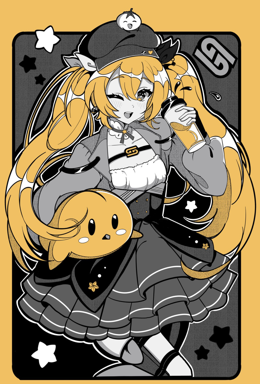 1girl, aki_hoshino, choker, cowboy_shot, cropped_jacket, dokibird_(vtuber), dokibird_(vtuber)_(tomato), dragoon_(dokibird), drink, gamer_supps, hat, highres, holding, holding_drink, indie_virtual_youtuber, jacket, long_hair, long_sleeves, looking_at_viewer, one_eye_closed, open_clothes, open_jacket, open_mouth, skirt, smile, solo, star_(symbol), teeth, twintails, upper_teeth_only, very_long_hair, virtual_youtuber, yellow_background