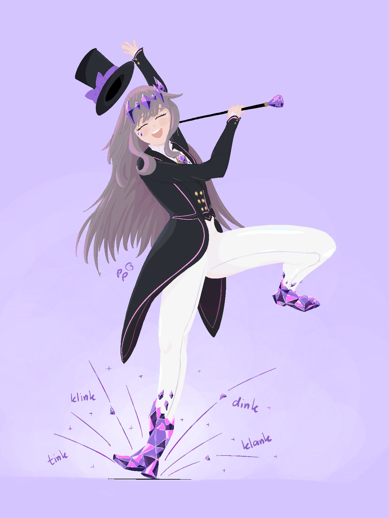 1girl, alternate_costume, black_coat, boots, cane, chest_jewel, coat, dancing, full_body, gem, gem_hair_ornament, grey_hair, hair_ornament, hat, highres, hololive, hololive_english, koseki_bijou, leggings, long_hair, multicolored_gemstone, open_mouth, potatoparfait, purple_footwear, self-upload, simple_background, smile, suit, top_hat, virtual_youtuber