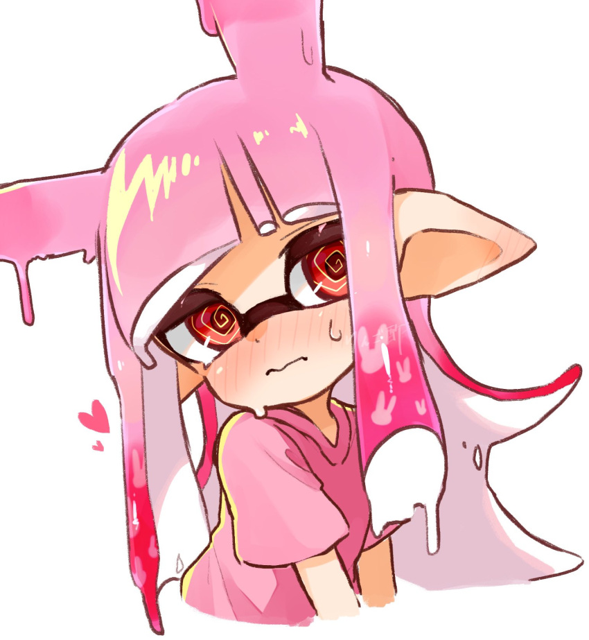 1girl, @_@, animal_ears, blush, heart, highres, inkling, inkling_girl, inkling_player_character, multicolored_hair, pink_hair, pink_shirt, pointy_ears, rabbit_ears, red_eyes, shirt, simple_background, splatoon_(series), splatoon_3, sweatdrop, tentacle_hair, vq32s, white_background