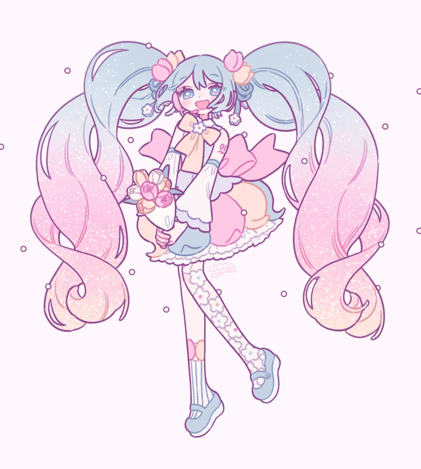 1girl, aqua_eyes, aqua_footwear, aqua_hair, aqua_ribbon, asymmetrical_legwear, back_bow, bare_shoulders, bouquet, bow, chest_bow, detached_sleeves, flower, full_body, gradient_hair, hair_flower, hair_ornament, hair_ribbon, hatsune_miku, headset, highres, holding, holding_bouquet, long_hair, multicolored_clothes, multicolored_hair, multicolored_skirt, nicogoly, number_tattoo, open_mouth, pink_bow, pink_hair, ribbon, skirt, smile, socks, solo, tattoo, tulip, twintails, v_arms, very_long_hair, vocaloid, white_background, white_sleeves, wide_sleeves