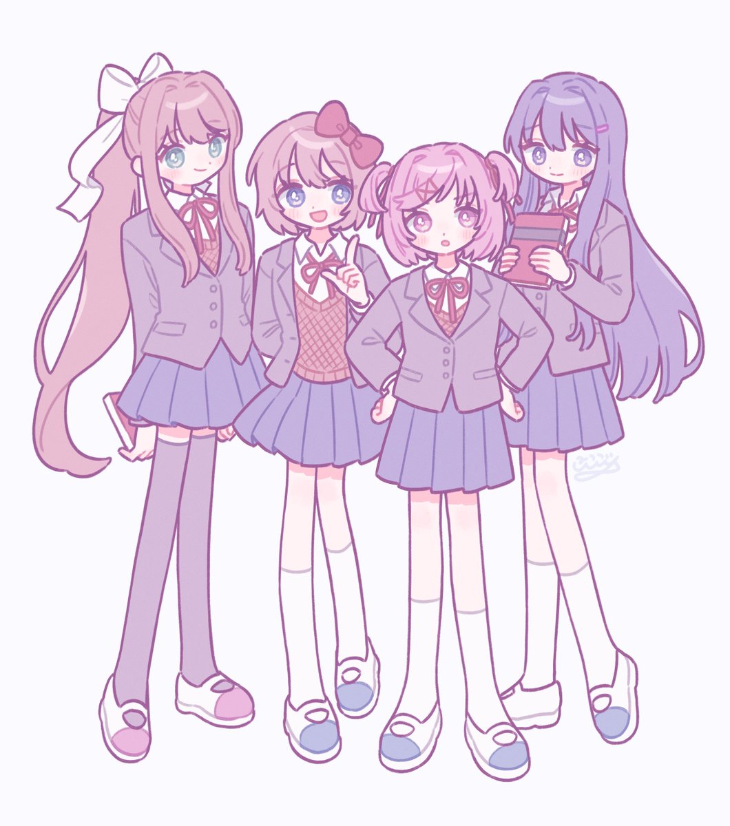 4girls, arms_behind_back, black_thighhighs, blue_eyes, blue_footwear, blue_hair, blue_skirt, book, bow, brown_hair, brown_sweater_vest, closed_mouth, collared_shirt, doki_doki_literature_club, full_body, green_eyes, grey_jacket, hair_bow, hair_ornament, hairclip, hands_on_own_hips, highres, holding, holding_book, jacket, long_hair, long_sleeves, monika_(doki_doki_literature_club), multiple_girls, natsuki_(doki_doki_literature_club), neck_ribbon, nicogoly, open_mouth, parted_lips, pink_eyes, pink_hair, pleated_skirt, pointing, ponytail, red_bow, red_footwear, red_ribbon, ribbon, sayori_(doki_doki_literature_club), school_uniform, shirt, short_hair, short_twintails, sidelocks, skirt, smile, socks, sweater_vest, thigh-highs, twintails, two-tone_footwear, white_background, white_bow, white_footwear, white_shirt, white_socks, yuri_(doki_doki_literature_club)