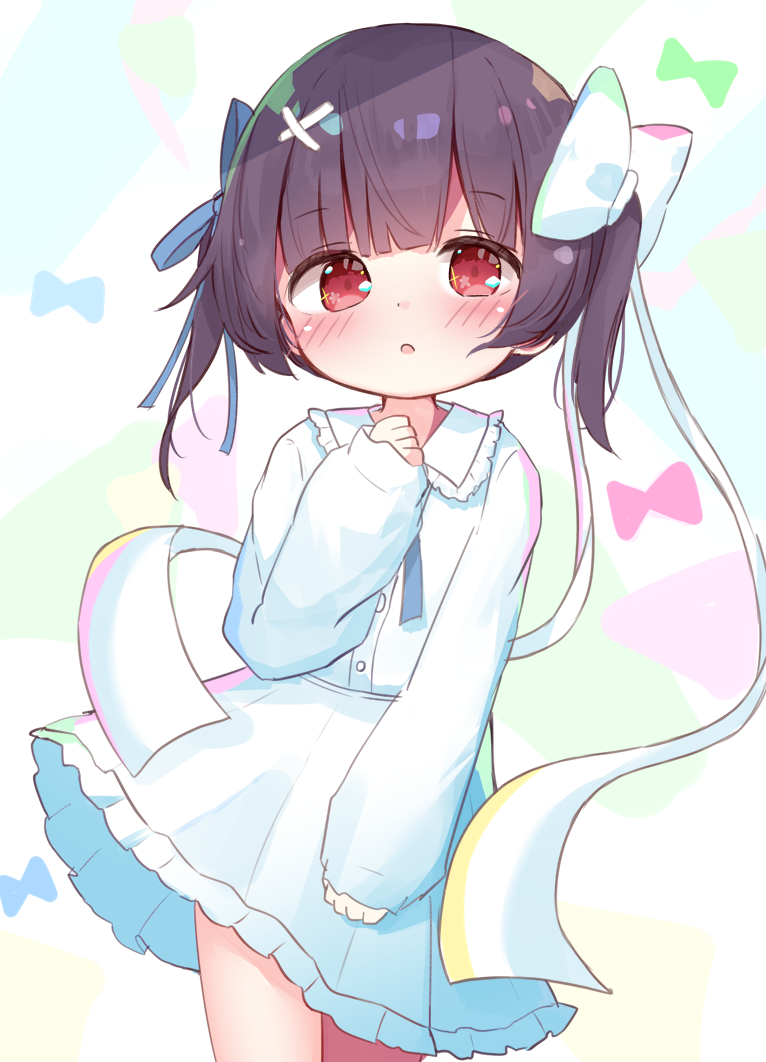 1girl, :o, blue_ribbon, blunt_bangs, blush, bow, buttons, collared_shirt