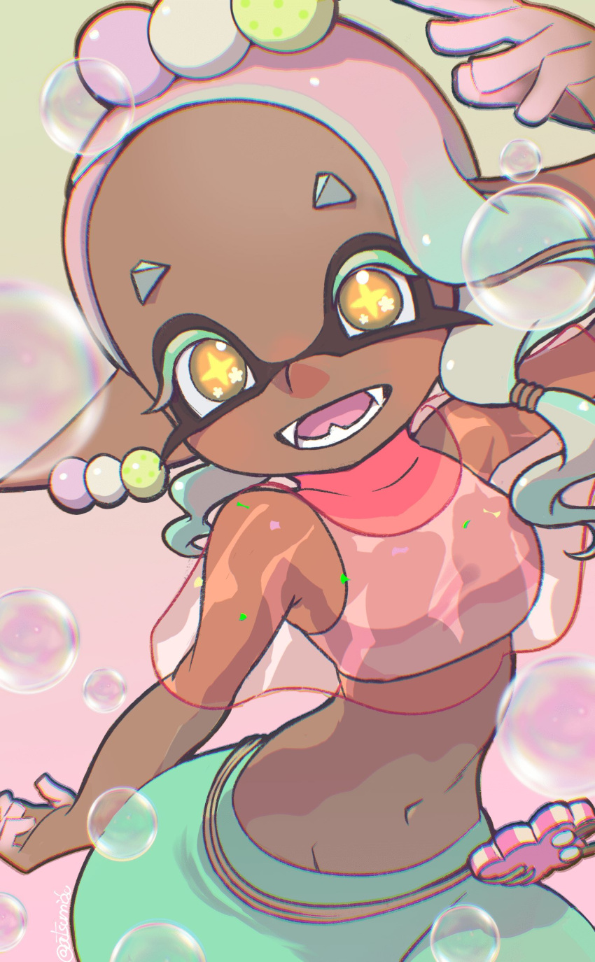 1girl, absurdres, cephalopod_eyes, dark-skinned_female, dark_skin, earrings, frye_(splatoon), gradient_background