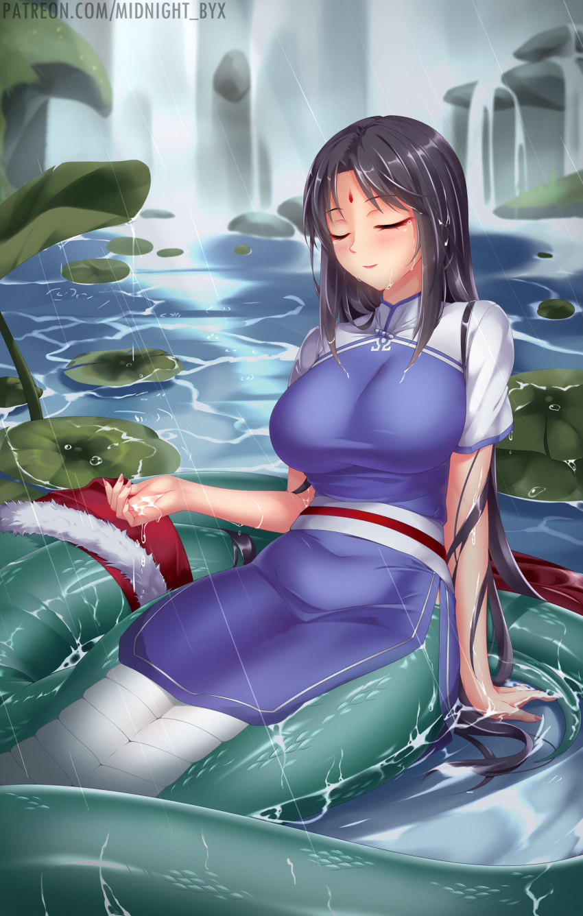 1girl, black_hair, blue_dress, blush, breasts, china_dress, chinese_clothes, dress