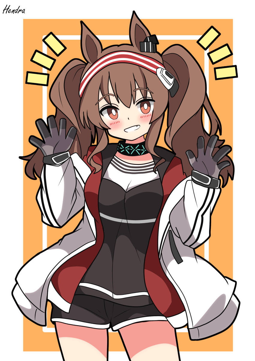 1girl, :d, absurdres, angelina_(arknights), animal_ears, arknights, artist_name, black_outline