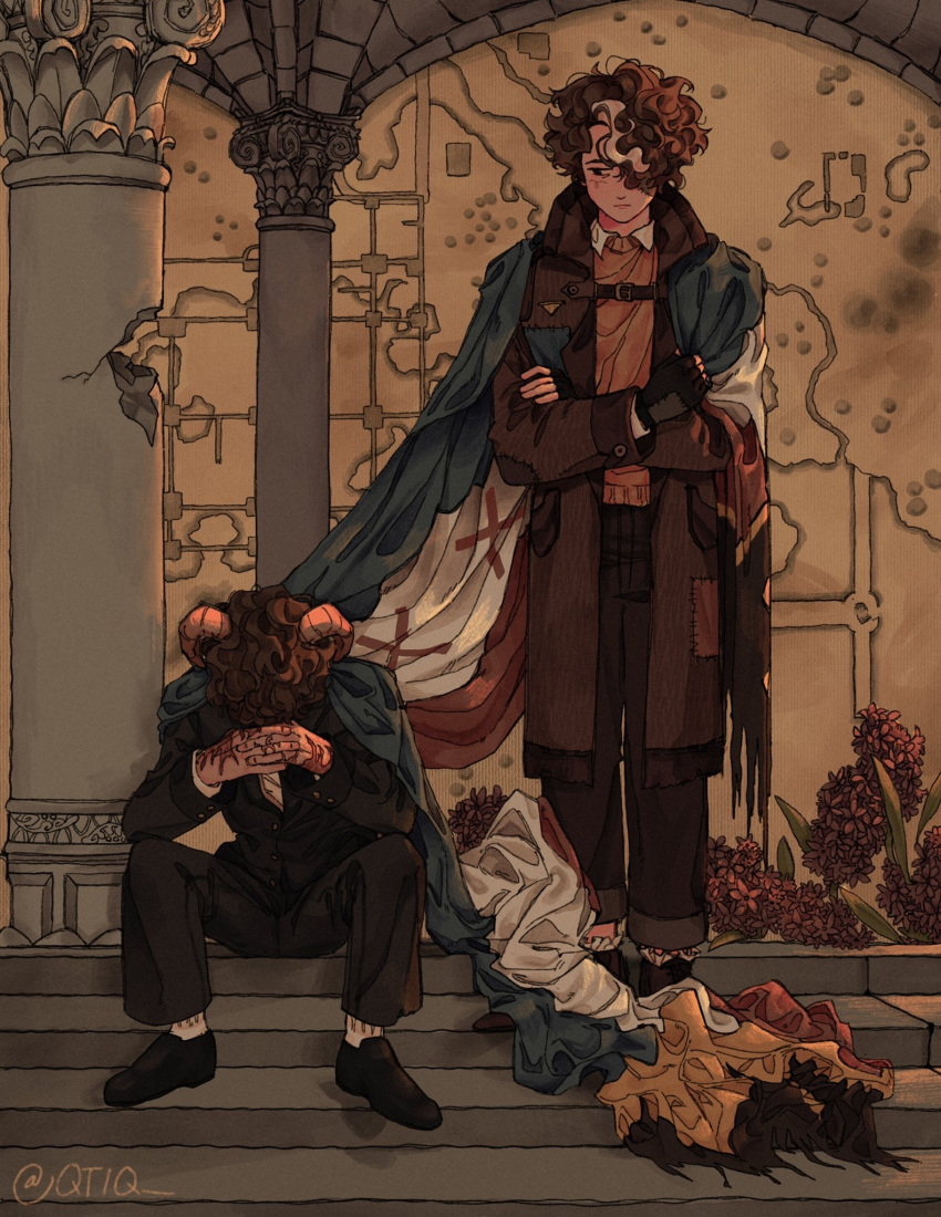 2boys, black_eyes, black_footwear, black_gloves, black_jacket, black_pants, black_suit, brown_coat