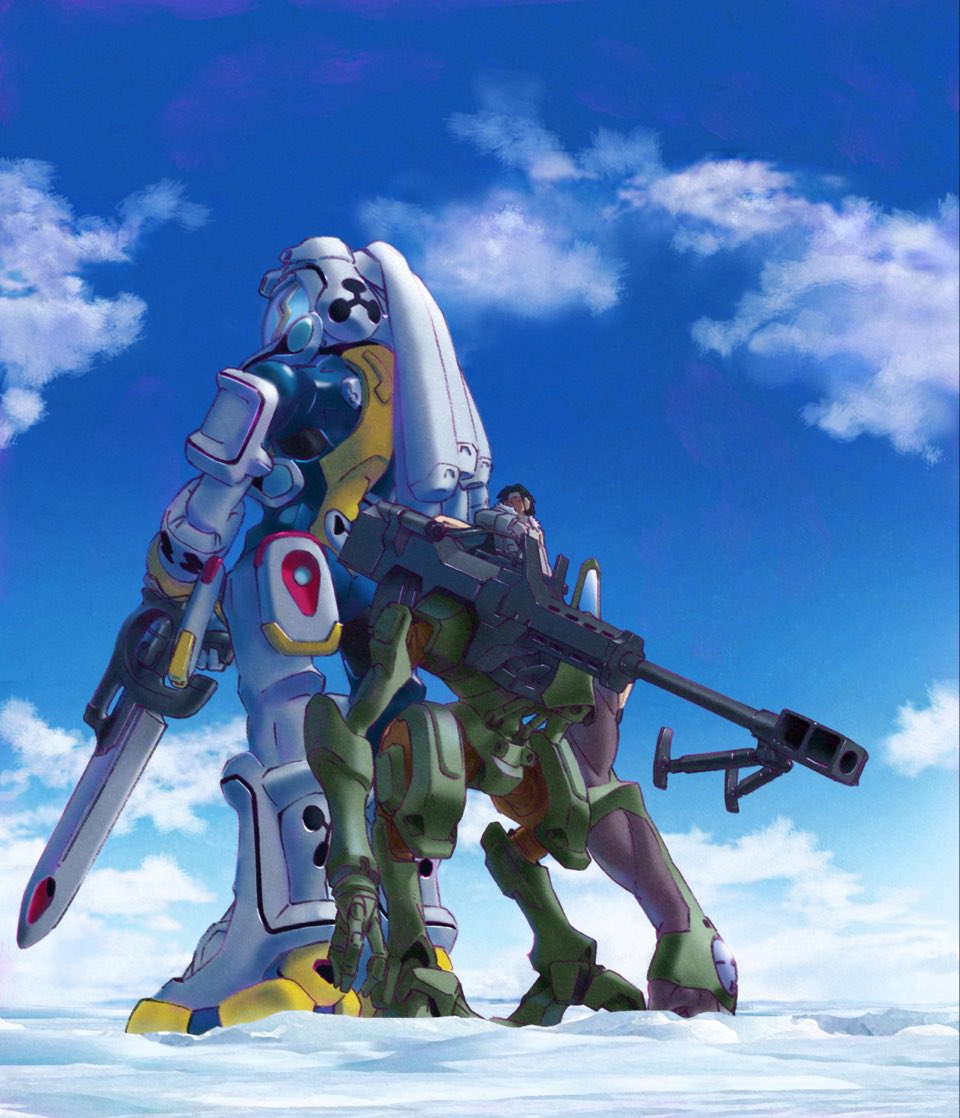 1boy, back-to-back, blue_sky, cannon, clouds, coat, gachico, gain_bijou