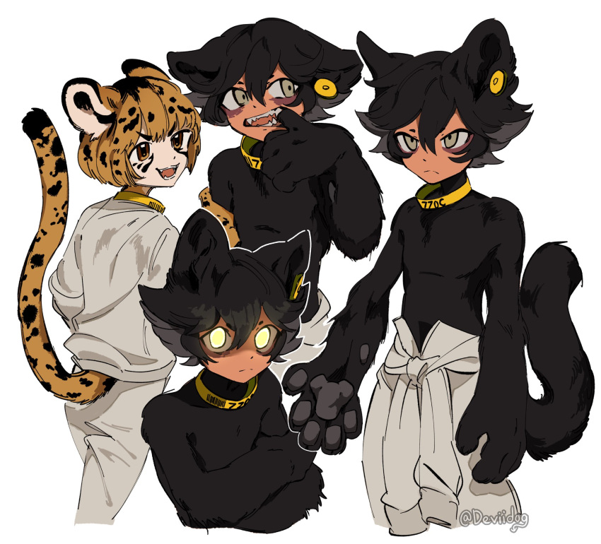2boys, animal_ears, animal_hands, arm_grab, artist_name, bags_under_eyes, black_fur, black_hair