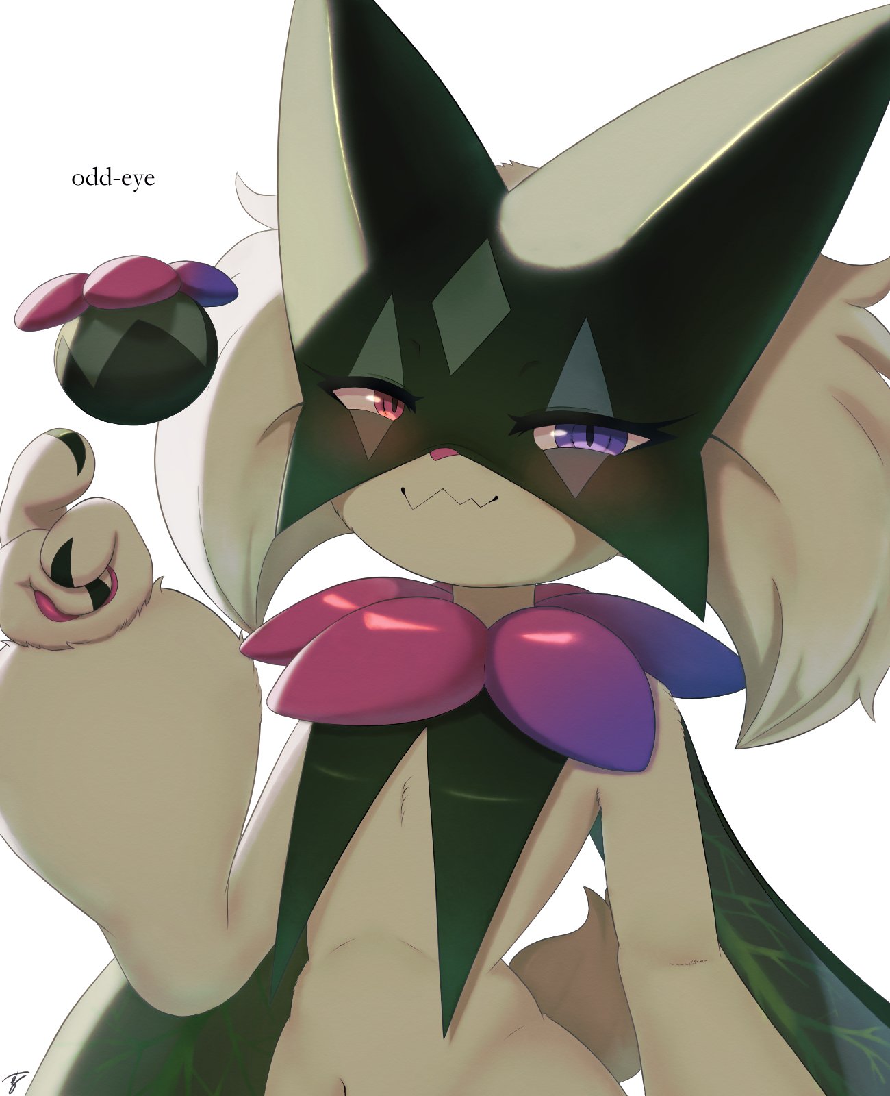 alternate_color, animal, animal_ears, animal_focus, closed_mouth, english_text, flower_trick_(pokemon), green_fur