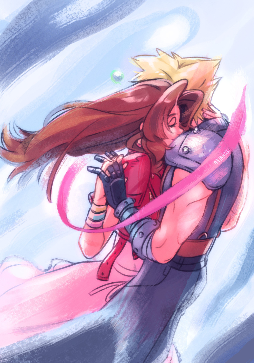 1boy, 1girl, absurdres, aerith_gainsborough, armor, bandaged_arm, bandages, bangle