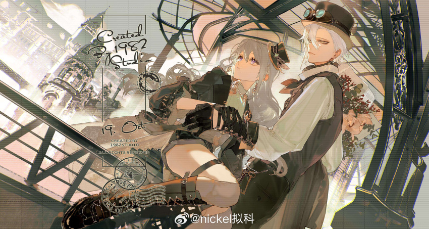 1boy, 1girl, absurdres, bags_under_eyes, bead_necklace, beads, belt, belt_buckle