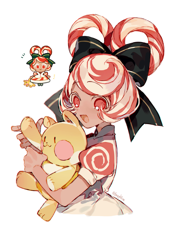 1girl, black_bow, bow, cookie_run, dress, hair_bow, hair_rings, holding, holding_stuffed_toy, humanization, lollipop_cookie, multicolored_hair, open_mouth, puffy_short_sleeves, puffy_sleeves, redhead, reference_inset, sapphire_(nine), short_sleeves, sidelocks, smile, solo, streaked_hair, stuffed_animal, stuffed_toy, teddy_bear, white_dress