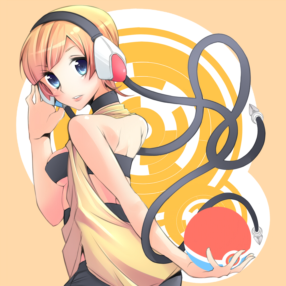 blonde_hair, blue_eyes, bob_cut, cable, choker, gym_leader, halterneck, headphones, iguana, kamitsure_(pokemon), looking_back, pantyhose, poke_ball, pokemon, pokemon_(game), pokemon_black_and_white, pokemon_bw, short_hair, solo, vest