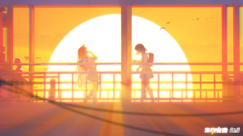 2girls, artist_name, backlighting, backpack, bag, chromatic_aberration, commentary, dusk