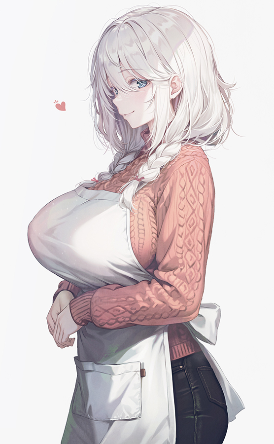 1girl, apron, argyle_clothes, argyle_sweater, blue_eyes, braid, breasts, closed_mouth