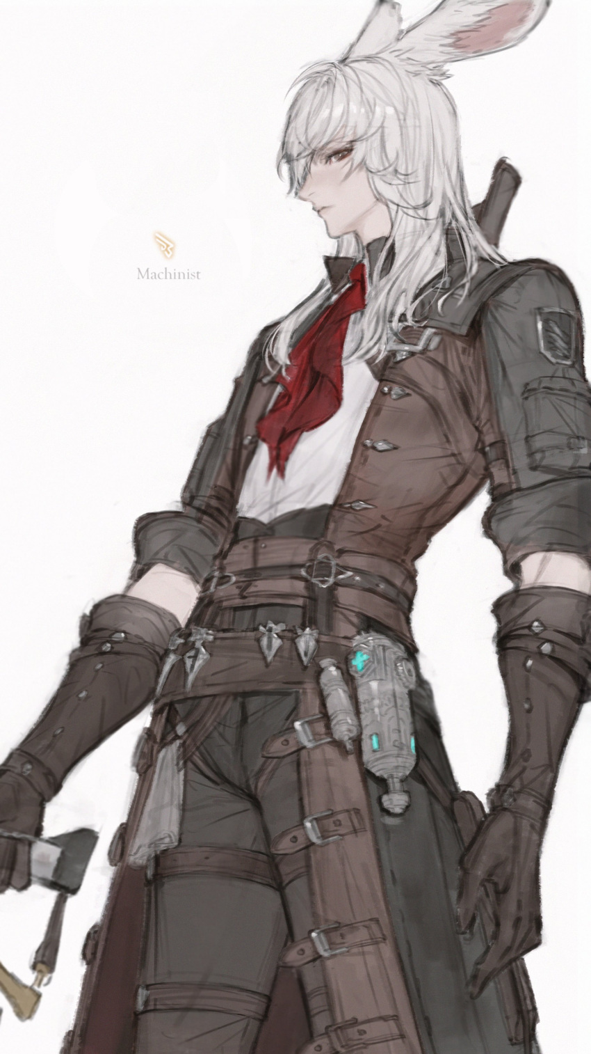 1boy, absurdres, animal_ears, ascot, black_pants, brown_eyes, brown_gloves, closed_mouth, coat, final_fantasy, final_fantasy_xiv, gloves, highres, job_icon_(final_fantasy), long_hair, looking_at_viewer, machinist_(final_fantasy), male_focus, pants, profile, rabbit_ears, red_ascot, shirt, sideways_glance, simple_background, solo, tladpwl03, warrior_of_light_(ff14), white_background, white_hair, white_shirt