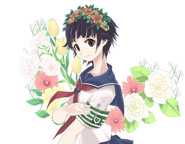 black_hair, brown_eyes, flower, hair_flower, hair_ornament, head_wreath, ruri_(rukiafile), safety_pin