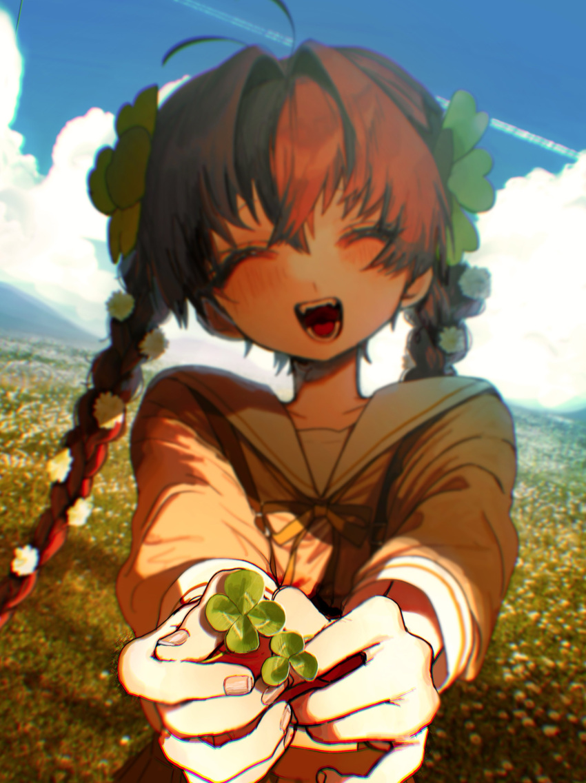 1girl, absurdres, blue_sky, blurry, blush, braid, brown_hair, closed_eyes, clouds, clover, depth_of_field, facing_viewer, field, flower, four-leaf_clover, hair_flower, hair_ornament, highres, long_hair, numata_zombie, open_mouth, original, outdoors, school_uniform, serafuku, sky, smile, solo, twin_braids, upper_body