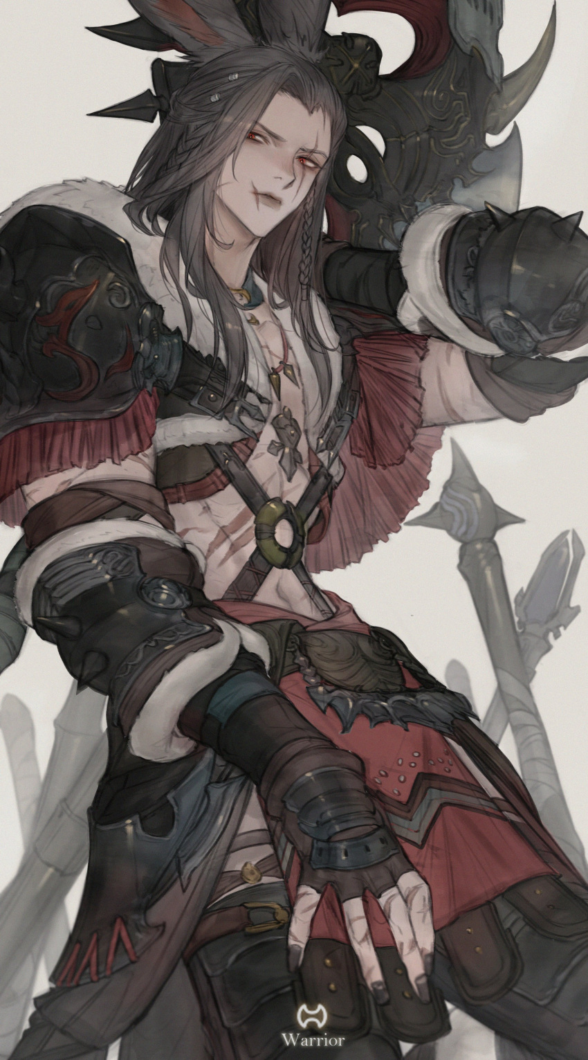 1boy, absurdres, armor, axe, black_nails, brown_gloves, closed_mouth, final_fantasy, final_fantasy_xiv, fingerless_gloves, fingernails, gloves, grey_hair, highres, holding, holding_axe, job_icon_(final_fantasy), long_hair, looking_at_viewer, male_focus, nail_polish, navel, pauldrons, red_eyes, scar, scar_across_eye, scar_on_face, scar_on_mouth, shoulder_armor, solo, tladpwl03, too_many, too_many_scars, viera, warrior_of_light_(ff14)