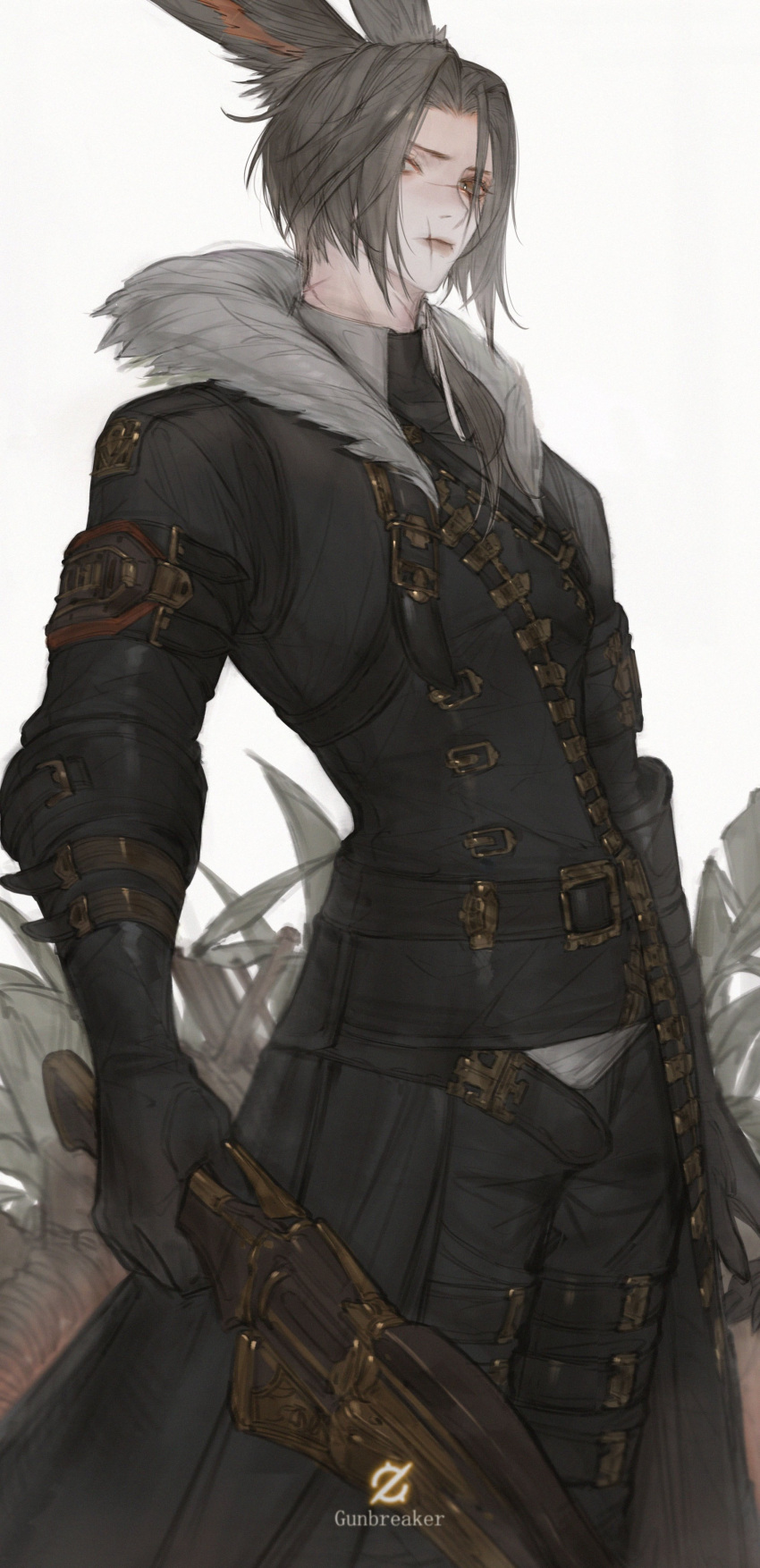 1boy, absurdres, animal_ears, arm_belt, black_coat, black_gloves, black_pants, brown_eyes, closed_mouth, coat, final_fantasy, final_fantasy_xiv, gloves, grey_hair, gun, gunbreaker_(final_fantasy), highres, holding, holding_gun, holding_weapon, job_icon_(final_fantasy), leg_belt, looking_at_viewer, male_focus, pants, rabbit_ears, scar, scar_on_face, scar_on_mouth, scar_on_nose, short_hair, simple_background, solo, tladpwl03, viera, warrior_of_light_(ff14), weapon, white_background