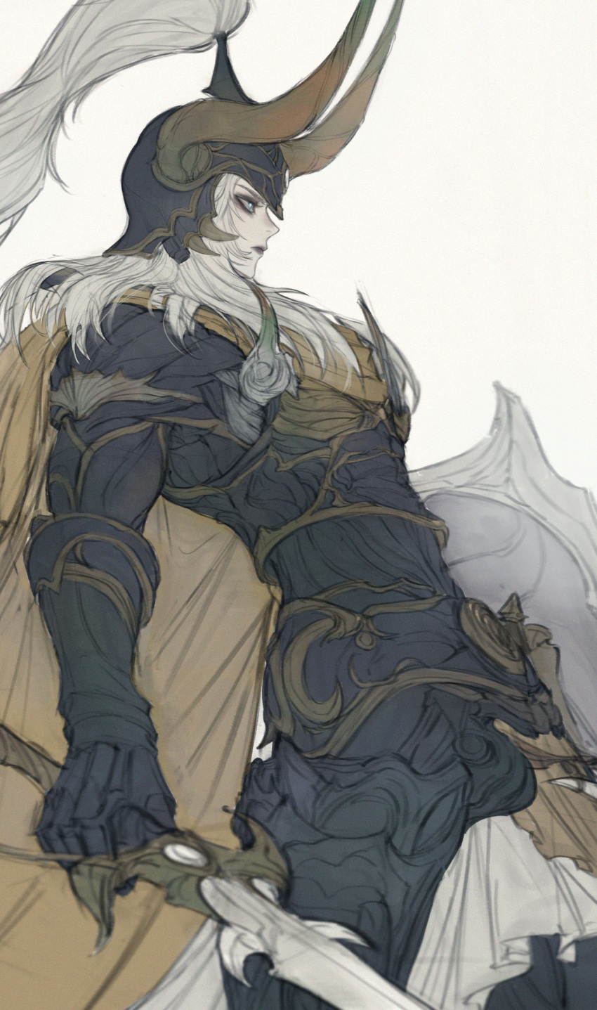 1boy, absurdres, armor, cape, closed_mouth, eyeshadow, fake_horns, final_fantasy