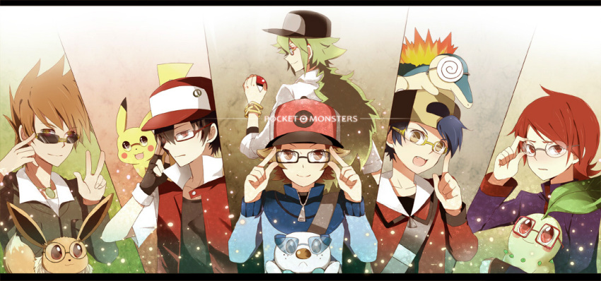 6boys, :<, alternate_costume, backwards_hat, bad_id, bag, baseball_cap, bespectacled