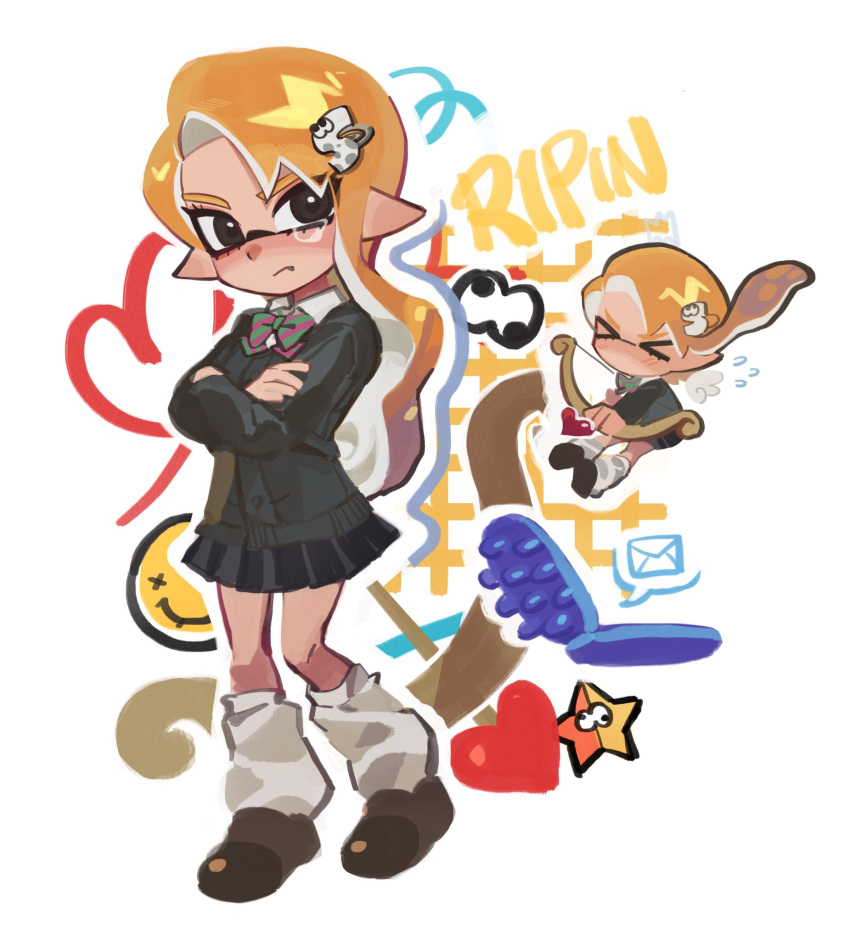 >_<, 1girl, black_eyes, black_skirt, blush, bow_(weapon), cellphone, closed_mouth, commentary_request, crossed_arms, dandang_s_p, envelope, full_body, hair_ornament, hairclip, highres, holding, holding_bow_(weapon), holding_weapon, inkling, inkling_girl, inkling_player_character, korean_commentary, leg_warmers, long_hair, multiple_views, orange_hair, phone, pointy_ears, skirt, splatoon_(series), standing, star_(symbol), tentacle_hair, weapon, white_background