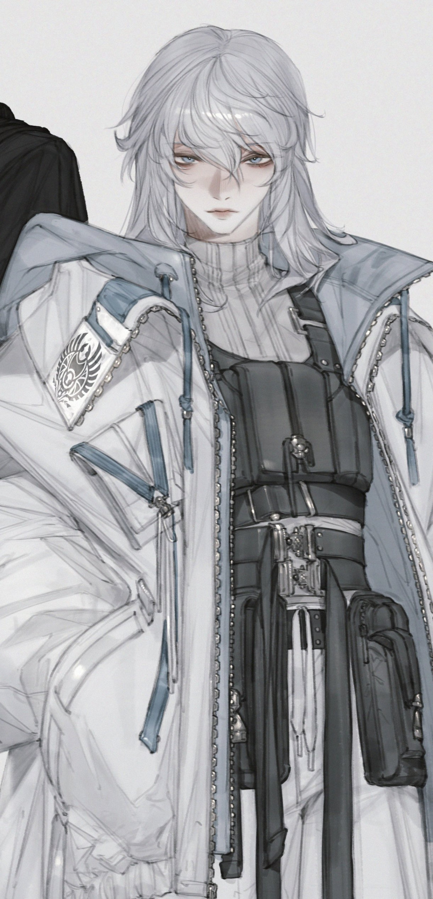 1boy, absurdres, adapted_costume, belt, black_belt, black_vest, blue_eyes, closed_mouth