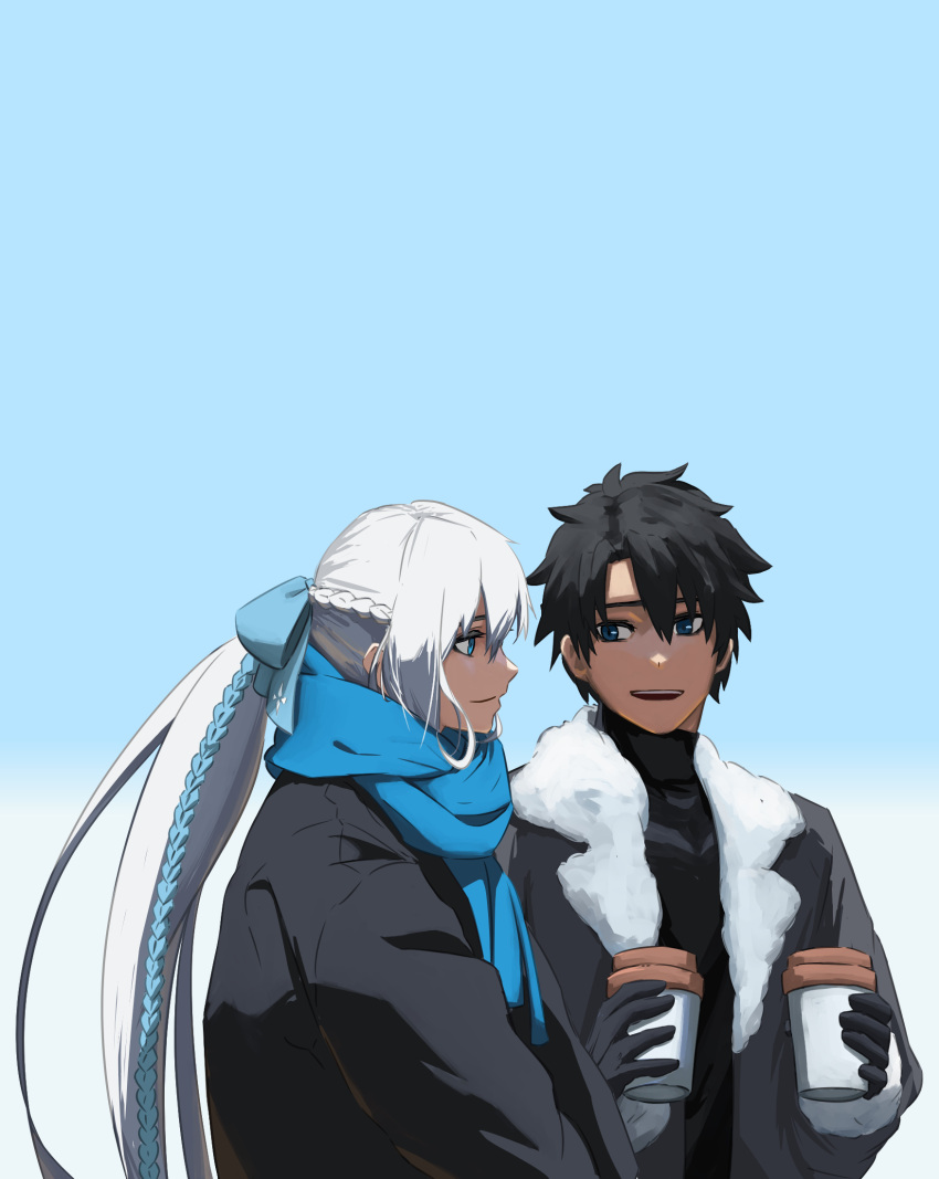 1boy, 1girl, black_gloves, black_hair, blue_bow, blue_eyes, blue_scarf, bow