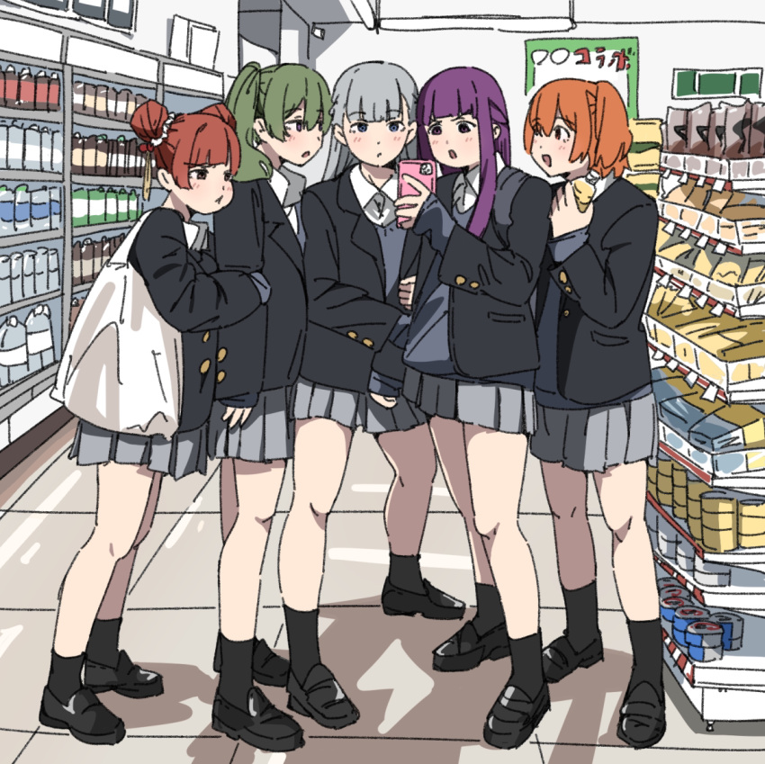 5girls, :d, :o, :t, alternate_costume, black_footwear, black_jacket, black_socks