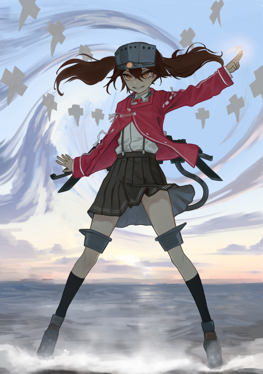 1girl, absurdres, black_skirt, black_socks, brown_hair, clouds, grin, hat