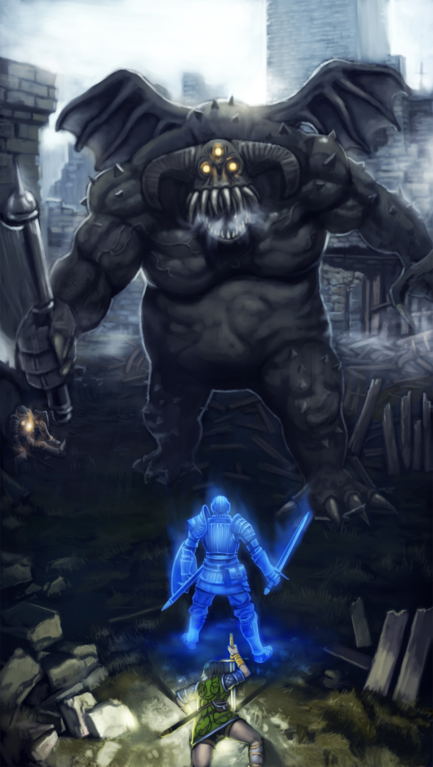 axe, battle, demon, demon's_souls, demon's_souls, highres, horns, monster, pontako, shield, sword, vanguard, weapon, wings