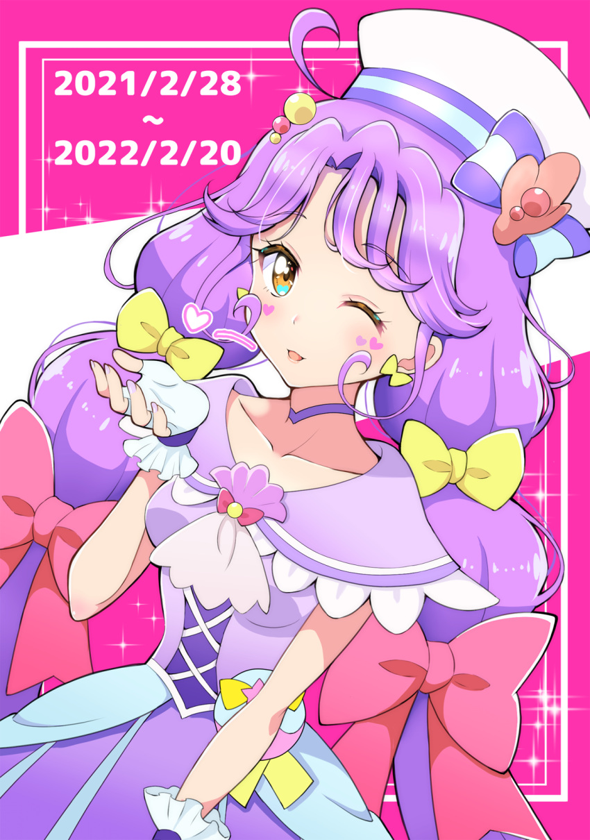 1girl, blowing_kiss, bow, capelet, choker, commentary, cure_coral, dated
