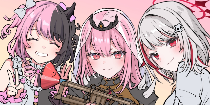 3girls, amaki_pururu, black_hair, black_tiara, closed_eyes, double_v, dtto., hair_ornament