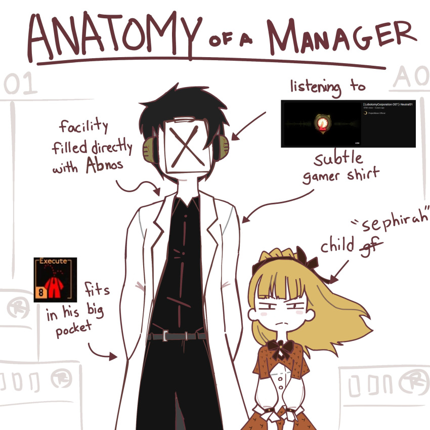 1boy, 1girl, absurdres, anatomy_of_a_gamer_(meme), arrow_(symbol), ayin_(project_moon), belt, black_hair, black_hairband, black_shirt, blonde_hair, brown_capelet, capelet, collared_shirt, english_text, hairband, headphones, highres, lab_coat, lobotomy_corporation, lobotomy_corporation_logo, long_hair, meme, neck_ribbon, paper, project_moon, ranchsaucy, ribbon, shirt, tiphereth_a_(project_moon), x_(project_moon)