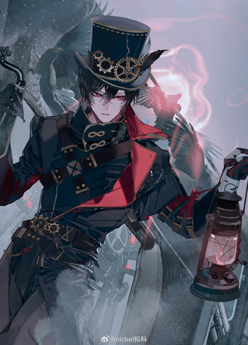 1boy, absurdres, arm_belt, asymmetrical_gloves, bandaged_wrist, bandages, belt, belt_buckle, bird, bishounen, black_belt, black_coat, black_gloves, black_hair, black_hat, black_shirt, black_sleeves, buckle, check_copyright, chest_belt, chinese_commentary, coat, coattails, collar, collared_coat, collared_shirt, commentary_request, copyright_request, cowboy_shot, crow, fingerless_gloves, flame_tattoo, fog, gear_hat_ornament, gloves, gold_trim, hair_between_eyes, hand_on_railing, hat, hat_feather, high_collar, highres, holding, holding_lantern, lantern, leaning_to_the_side, long_sleeves, male_focus, mismatched_gloves, multiple_belts, neck_tattoo, nicke_nike, original, parted_lips, red_belt, red_collar, red_eyes, shirt, short_hair, single_fingerless_glove, snowing, solo, steampunk, tattoo, top_hat, train, weibo_watermark