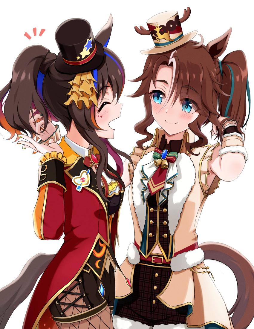 2girls, :d, ^_^, absurdres, animal_ears, arms_behind_back, black_hat, black_shirt