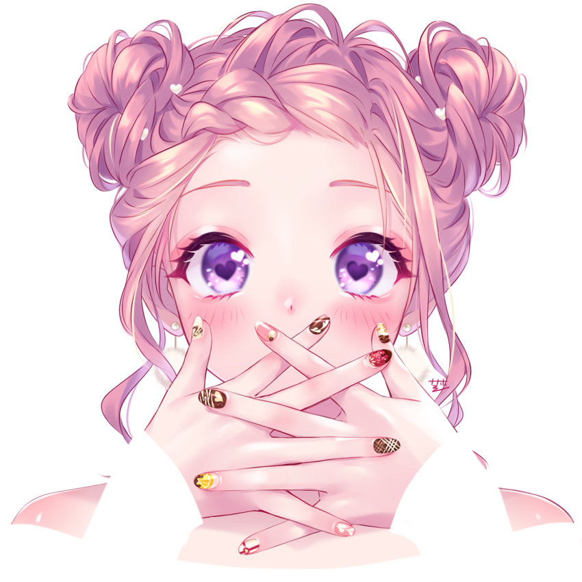 1girl, blush, chocolate_print, commentary_request, covered_mouth, double_bun, drop_earrings, earrings, eyeshadow, fingernails, food-themed_clothes, food_print, hair_bun, hair_ornament, heart, heart-shaped_pupils, highres, interlocked_fingers, jewelry, lemon_print, light_brown_hair, long_hair, long_sleeves, looking_at_viewer, makeup, nail_art, nail_polish, off_shoulder, original, panndarake, portrait, sidelocks, simple_background, solo, straight-on, strawberry_print, symbol-shaped_pupils, violet_eyes, white_background