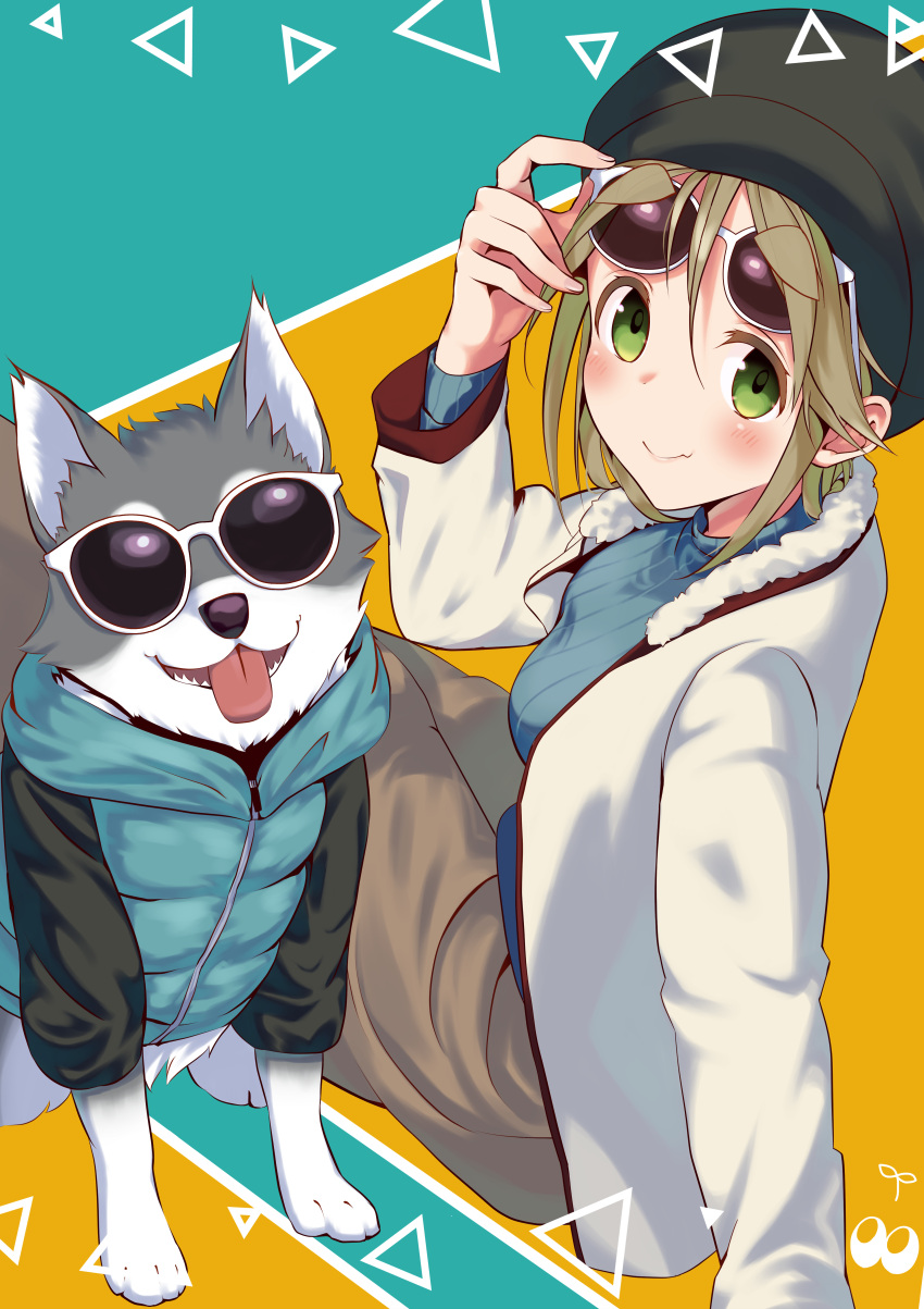 1girl, absurdres, adjusting_eyewear, animal, arm_support, blush, brown_hair, cereal_(cerealoekaki)