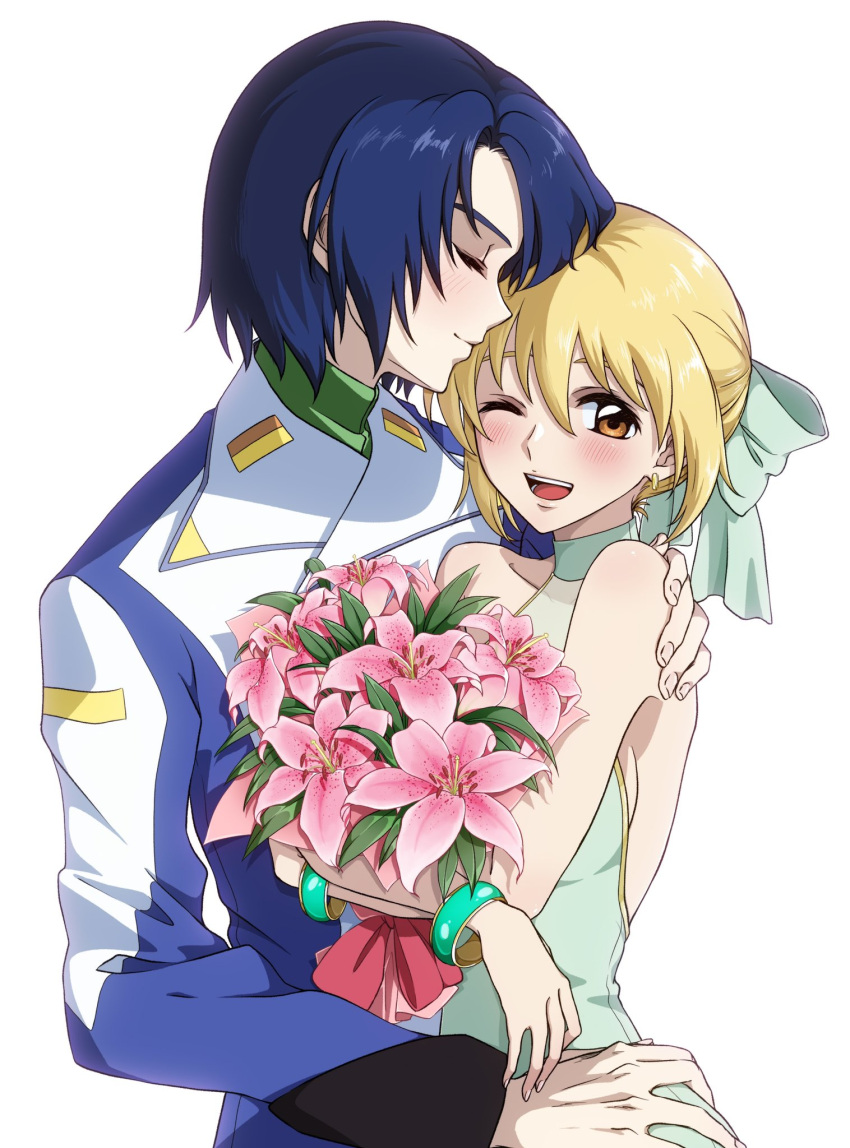 1boy, 1girl, athrun_zala, blonde_hair, blue_hair, blush, bouquet, cagalli_yula_athha