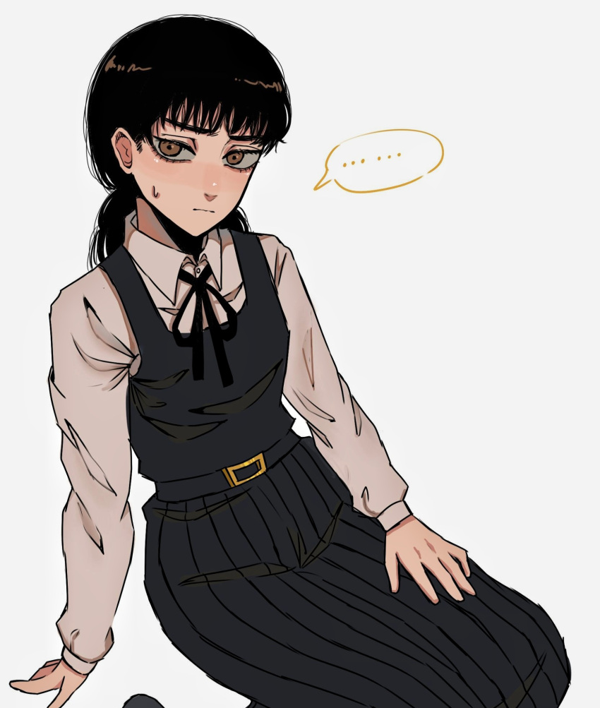 1girl, black_hair, chainsaw_man, dolphin_cat, dress, fourth_east_high_school_uniform, highres, long_hair, looking_at_viewer, low_twintails, mitaka_asa, neck_ribbon, pinafore_dress, ribbon, school_uniform, sleeveless, sleeveless_dress, solo, twintails, yellow_eyes