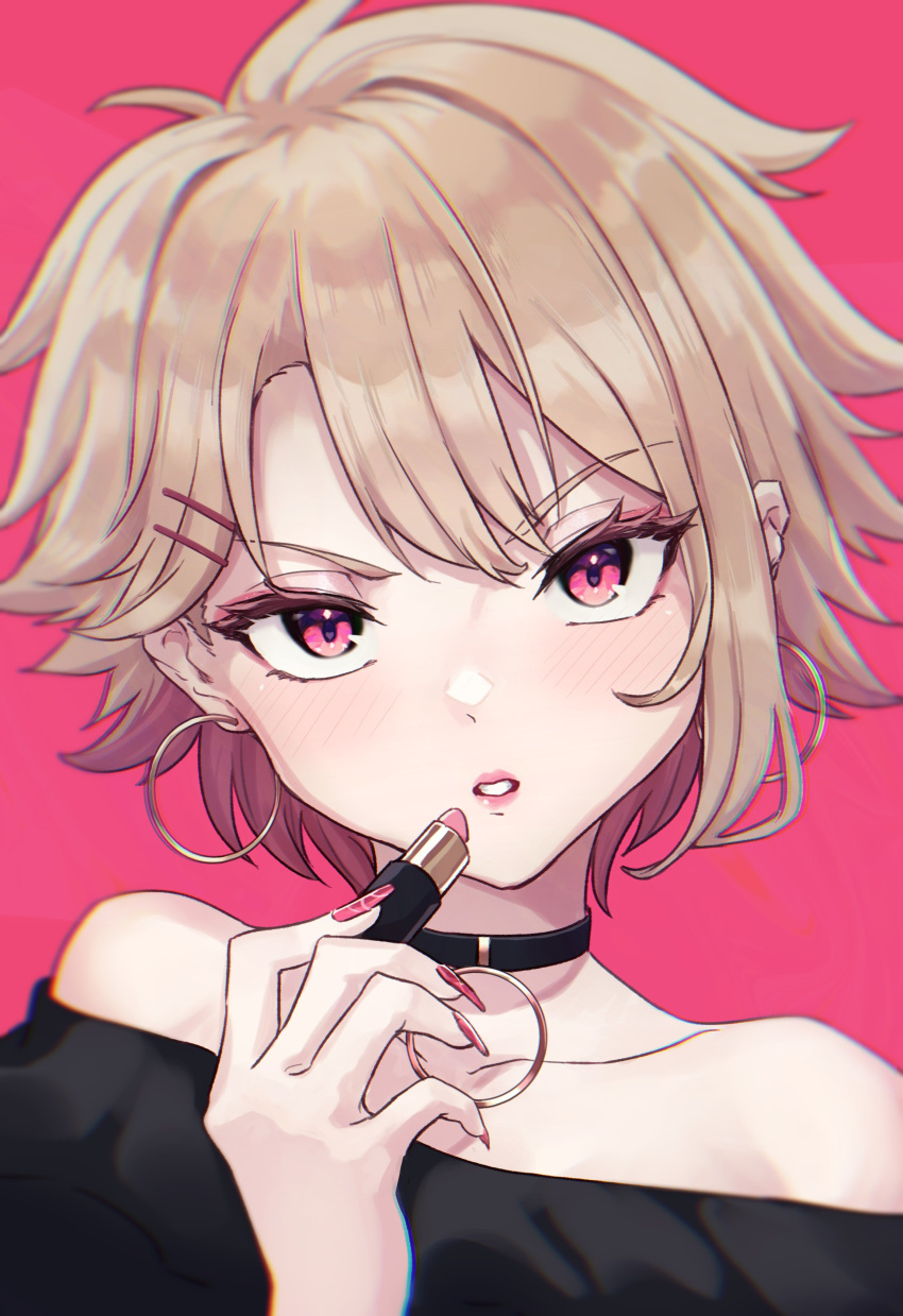1girl, absurdres, applying_makeup, bare_shoulders, black_choker, blush, choker, commentary_request