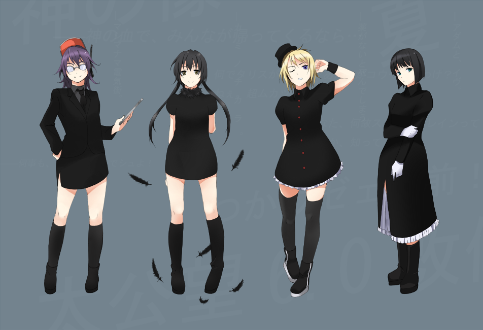 black_hair, blonde_hair, hat, kajiki, karous, karous_(game), legs, milestone
