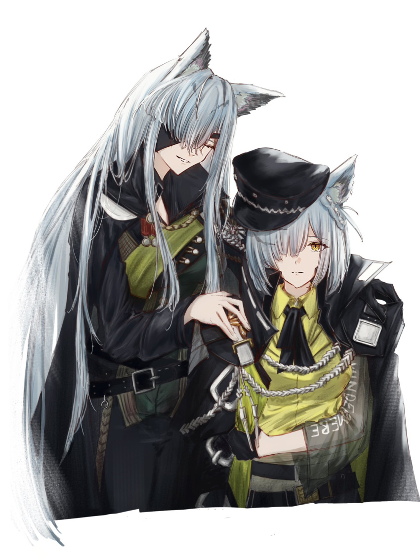 2girls, animal_ears, arknights, belt, black_coat, black_neckerchief, black_pants, cat_ears