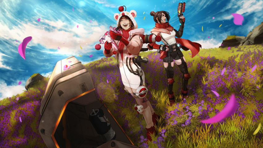 2girls, 7th_heaven_skirmisher_wraith, apex_legends, b3_wingman, black_gloves, black_hair, black_shorts, black_thighhighs